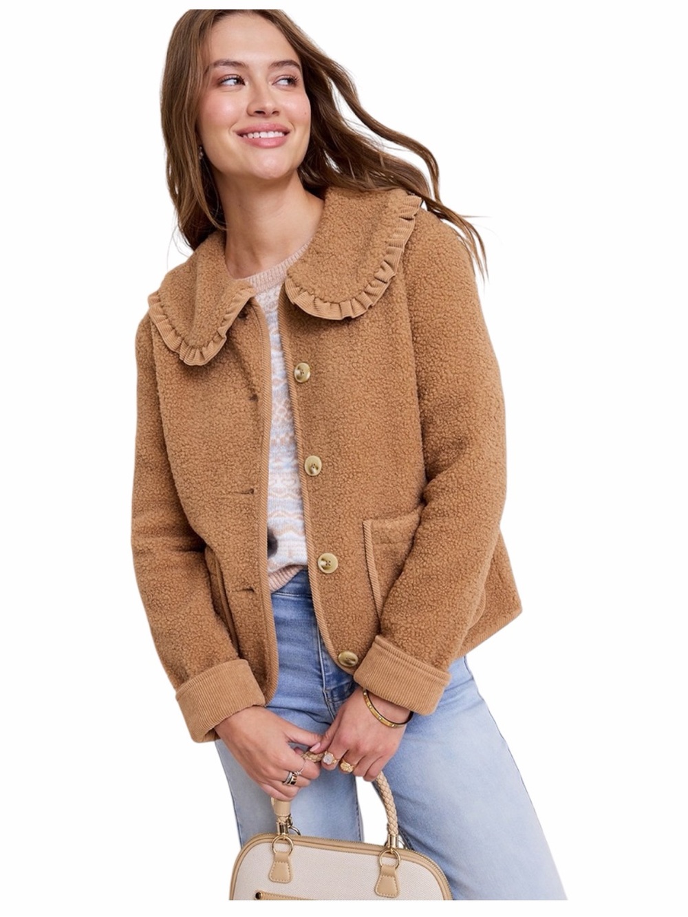 Francesca's Collections Camel Teddy Jacket with Ruffle Collar